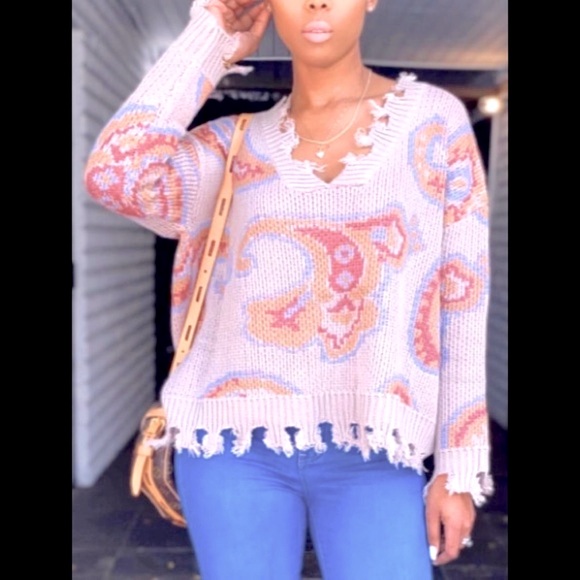 Hippie Style Fringe Raw Cut Trim Woolblend Deep V Neck Loose Long Sleeve Sweater - Picture 10 of 10